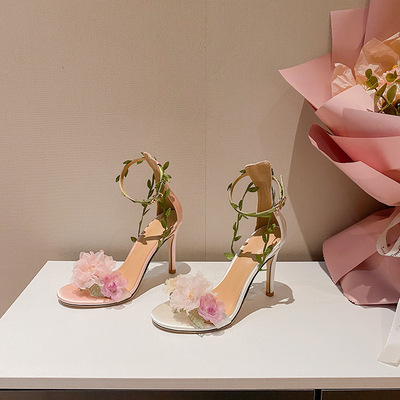 Fashion Sweet Chiffon Flower High Heels With Green Leafs Sandals