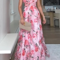  Summer Floral Print Chiffon Long Dress Elegant High Waist Pleated Women Party Dress - Thumbnail 2