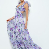  Summer Floral Print Chiffon Long Dress Elegant High Waist Pleated Women Party Dress - Thumbnail 3