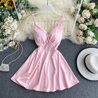 Women V-neck backless solid color suspender dress - Thumbnail 2