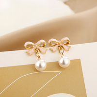 Women Fashion Elegant Pink Bow With Pearl Studs Earring /ear Clips - Thumbnail 3