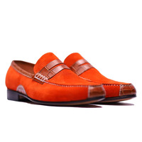 Crafted Leather Handmade Men Orange Suede Crocodile/Alligator Strap Leather Loafers Dress Shoes  - Thumbnail 6