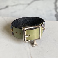 3-2-3 Rainbow Small-Dome studs Green Leather Wristband - Thumbnail 4