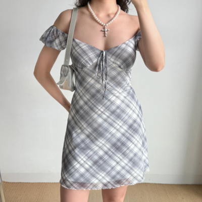 Puff sleeve plaid dress women's summer a-line short skirt