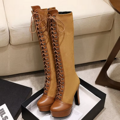 Vintage retro lace up knee high boots