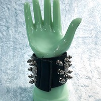Skull Leather Wrist Band with Silver Skulls and Spikes - Thumbnail 2