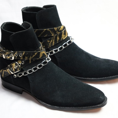 Crafted leather classic black suede leather ankle high chain buckle boot