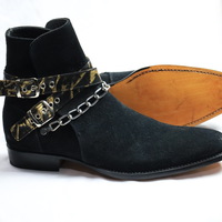Crafted Leather Classic Black Suede Leather Ankle High Chain Buckle Boot - Thumbnail 6