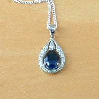 BOXED GIFT /925 Sapphire (Lab Created) & Cz Pendant & Chain/Sapphire Jewelry/Silver Sapphire Necklace/Sapphire Pendant/Sapphire Gift/UK - Thumbnail 1