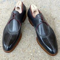 Handmade Men's Grey Black Polishing Splt Toe Lace Up Shoes - Thumbnail 1