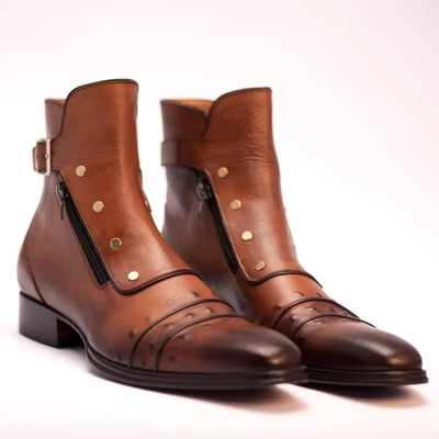 Crafted leather handmade men classic brown leather buckle jodhpur boot with zipper and button