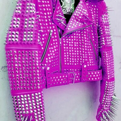 Crafted leather women classy pink leather studded jacket with silver studs and spikes