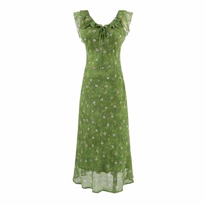 Retro pastoral style fresh green bottom small floral ruffle dress