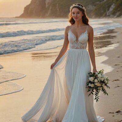 Simple wedding dress, sexy lace beach boho bridal dress bridal gown - Thumbnail 1