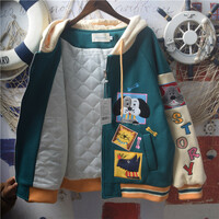College-style embroidered patchwork color-blocking hooded jacket short coat - Thumbnail 3