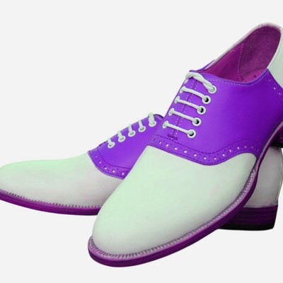 Crafted leather handmade men classic purple white leather oxford dress shoes