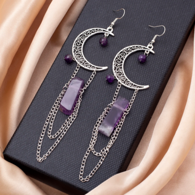 Witchy crescent moon crystal stone earrings