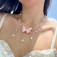 Elegant Imitation Pearl Butterfly Pendant Necklace  - Thumbnail 3