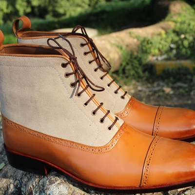 Crafted leather handmade brown leather beige suede ankle high lace up boot