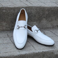 Crafted Leather Classic White Leather Horsebit Moccasin Loafers Dress Shoes - Thumbnail 4