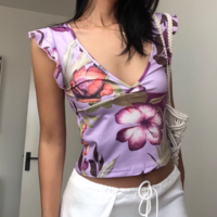 Sexy V-neck floral print slim fit navel-baring cropped T-shirt - Thumbnail 1