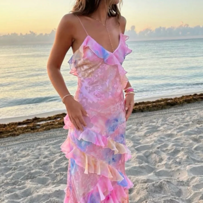 Charming spaghetti straps v neck chiffon print prom dresses - Thumbnail 1