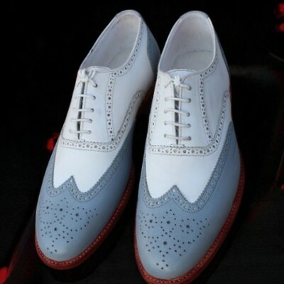 Crafted leather handmade men classic white gray leather oxford lace up dress shoes