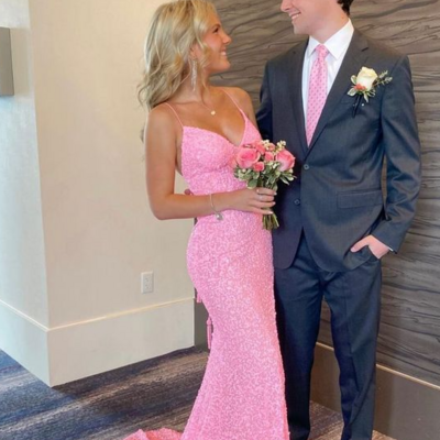Elegant mermaid pink sequin long split prom dresses - Thumbnail 1