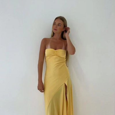 Sexy spaghetti straps sleeveless yellow side split prom dresses - Thumbnail 1