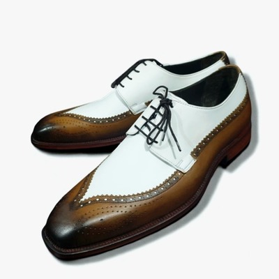 Crafted leather handmade men classic brown white oxford wingtip dress shoes