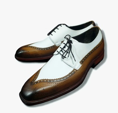 Crafted Leather Handmade Men Classic Brown White Oxford Wingtip Dress Shoes