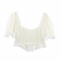 Square neck back sweet style puff sleeve cropped top - Thumbnail 1