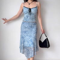 Retro blue printed sling + irregular skirt suit - Thumbnail 3