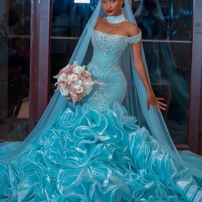 Blue mermaid beading crystals tiered african girls prom dresses evening gowns formal party gowns - Thumbnail 1