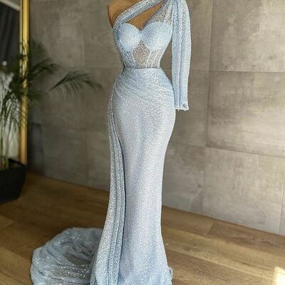 Luxury mermaid sequins lace sky blue prom dresses evening gowns formal party gowns - Thumbnail 1