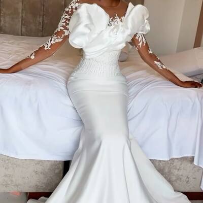Plus size beading crystals wedding dress, mermaid afrcian girls lace bridal dress bridal gown - Thumbnail 2