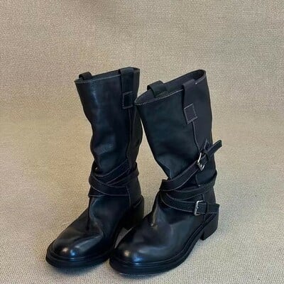 Cowhide desert vintage knight boots women's belt buckle washed genuine leather - Thumbnail 2