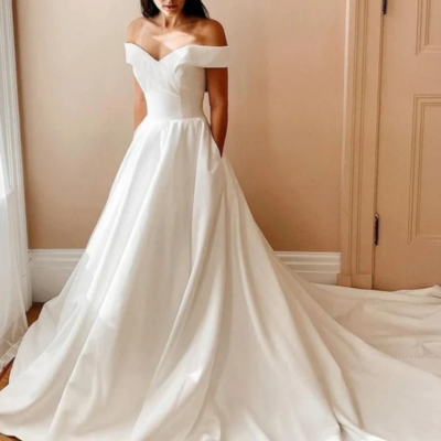 Pretty off the shoulder white satin long prom dresses - Thumbnail 1