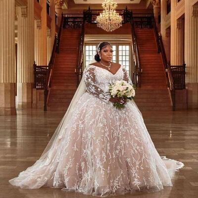 Lace Plus Size Wedding Dresses Saudi Arabia V Neck Sheer Long Sleeves Bridal Gowns Lace Up Back Sweep Train Wedding Vestidos,1963
