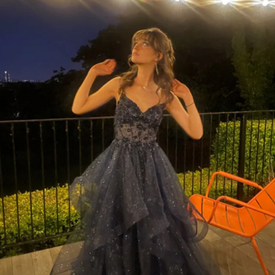 Straps tulle a-line long prom dress with lace