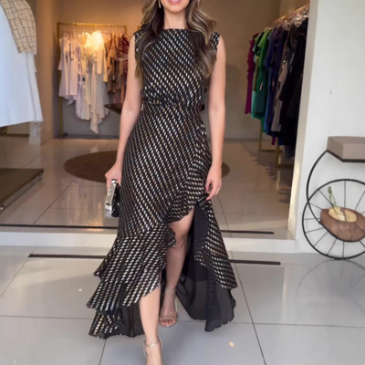 Black sleeveless irregular ruffle edge dress - Thumbnail 1