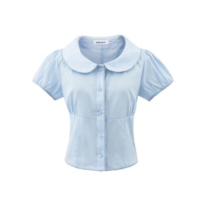 Doll collar shirt solid color age-reducing puff sleeve waist tie short blouse