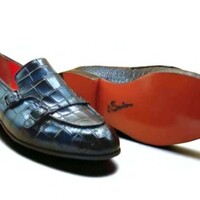 Crafted Leather Classic Blue Crocodile/Alligator Leather Double Monk Strap Loafers Dress Shoes - Thumbnail 2