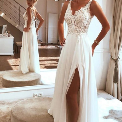 Charming a line split chiffon beach wedding dress with lace appliques  - Thumbnail 2