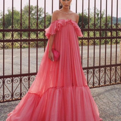 Off shoulder pink chiffon long prom dress - Thumbnail 1