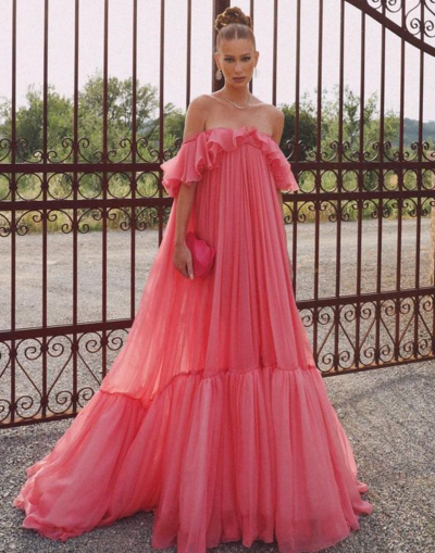 Off Shoulder Pink Chiffon Long Prom Dress