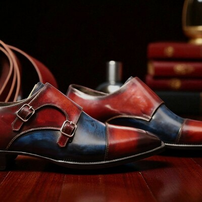 Crafted leather classic brown blue patina leather dress shoes