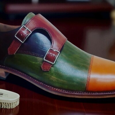Crafted leather classic multi color leather double monk dress shoes