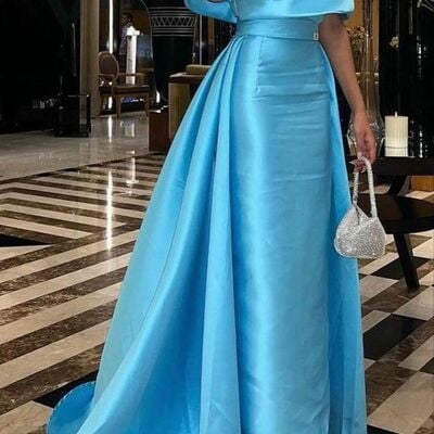 Elegant blue satin mother of the bride/ groom dresses formal evening dress