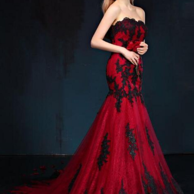 Vintage black and red gothic mermaid sweetheart lace appliques tulle prom dresses - Thumbnail 1